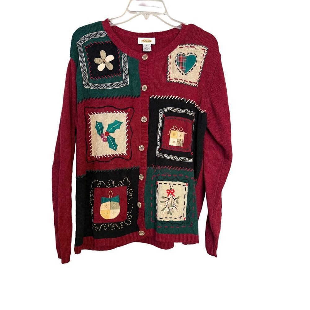 Vintage Talbots Silk Blend Ugly Christmas Sweater Embroidered Patchwork SzL